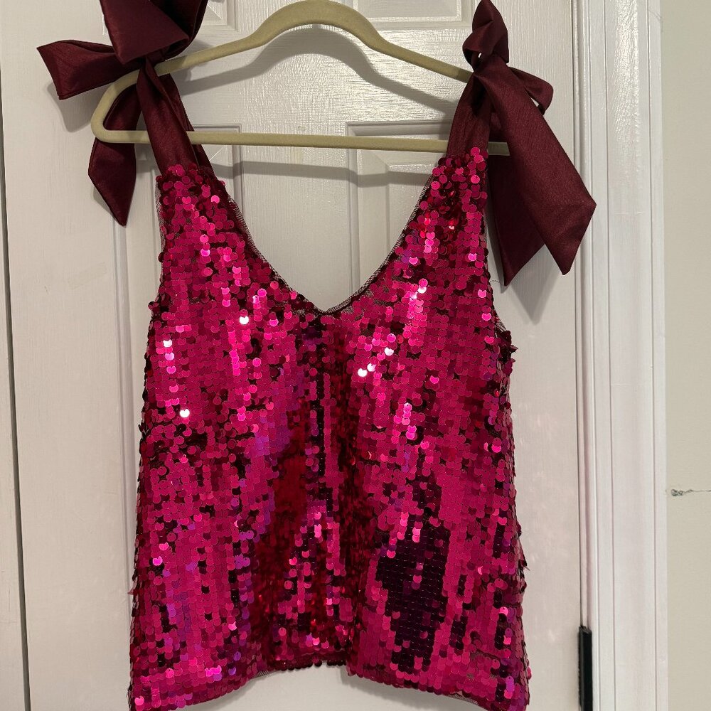 NWT Maeve Anthropologie Pink Sequin Bow Top